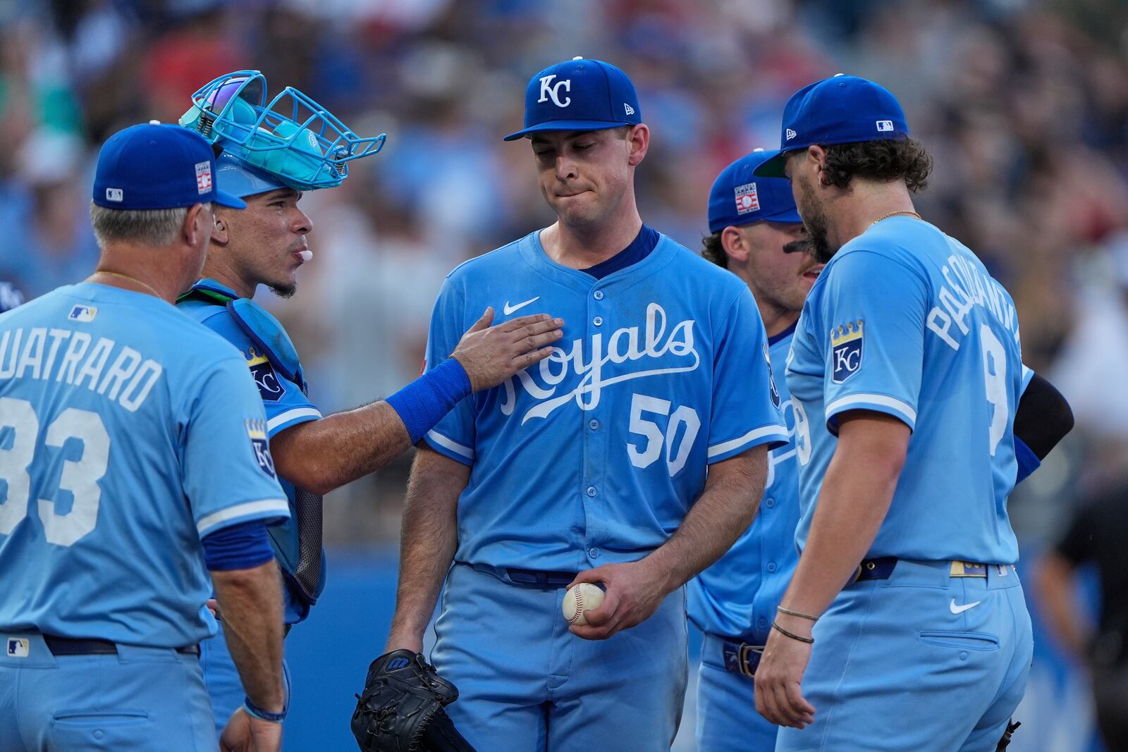 Kansas City Royals starting pitcher Kris Bubic (50) comes out of the game during the third inning in the second baseball game of a doubleheader against the Cleveland Guardians, Saturday, July 26, 2025, in Kansas City, Mo. (AP Photo/Charlie Riedel)