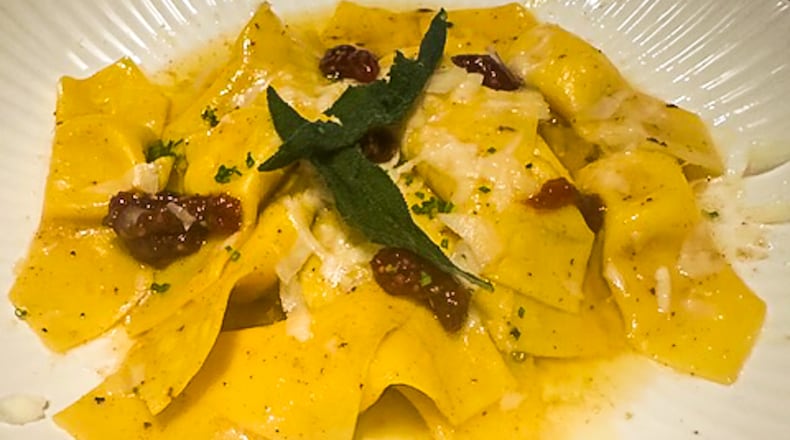 Tortelli di Zucca, butternut squash-filled pasta with brown butter, crispy sage, and apple mostarda at Grist restaurant in Dayton. CONTRIBUTED/RAY MARCANO