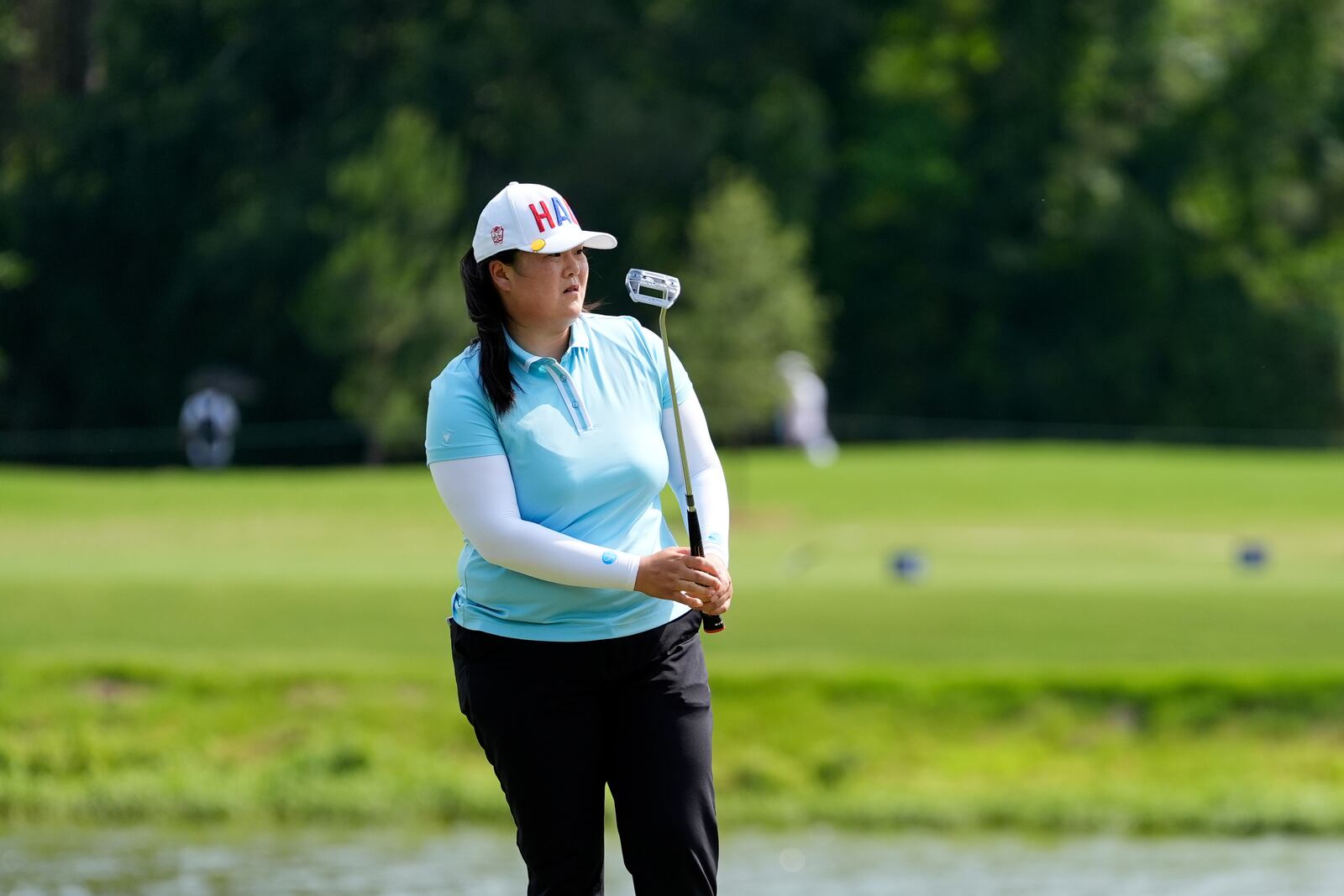 Angel Yin reacts on the fifth hole during the second round of the Chevron Championship LPGA golf tournament Friday, April 25, 2025, in The Woodlands, Texas. (AP Photo/Ashley Landis)