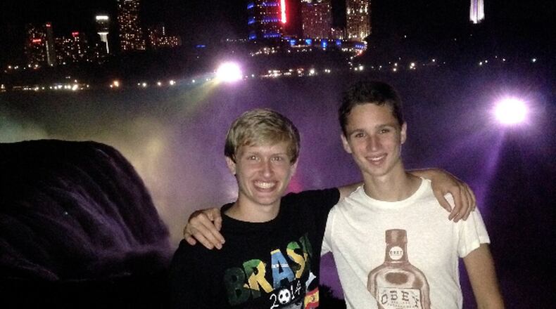 Foreign exchange students Walker Berwald (left) of Oakwood and Paul Chezeaud of Le Vesinet, France, are good friends. They are pictured on the American side of Niagara Falls, in New York. CONTRIBUTED