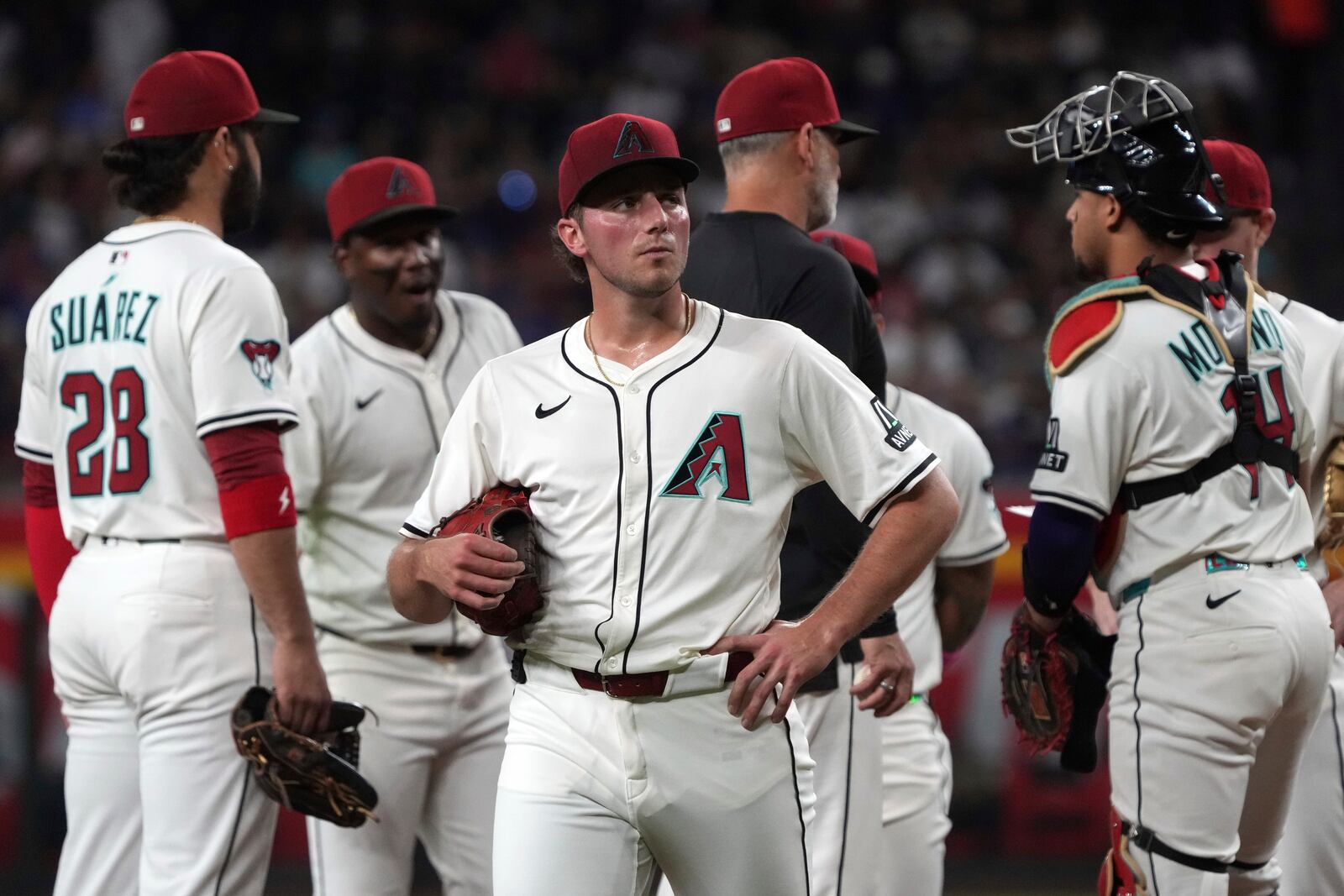 Arizona Diamondbacks pitcher Brandon Pfaadt leaves after giving up nine runs to the Washington Nationals in the first inning during a baseball game, Saturday, May 31, 2025, in Phoenix. (AP Photo/Rick Scuteri)