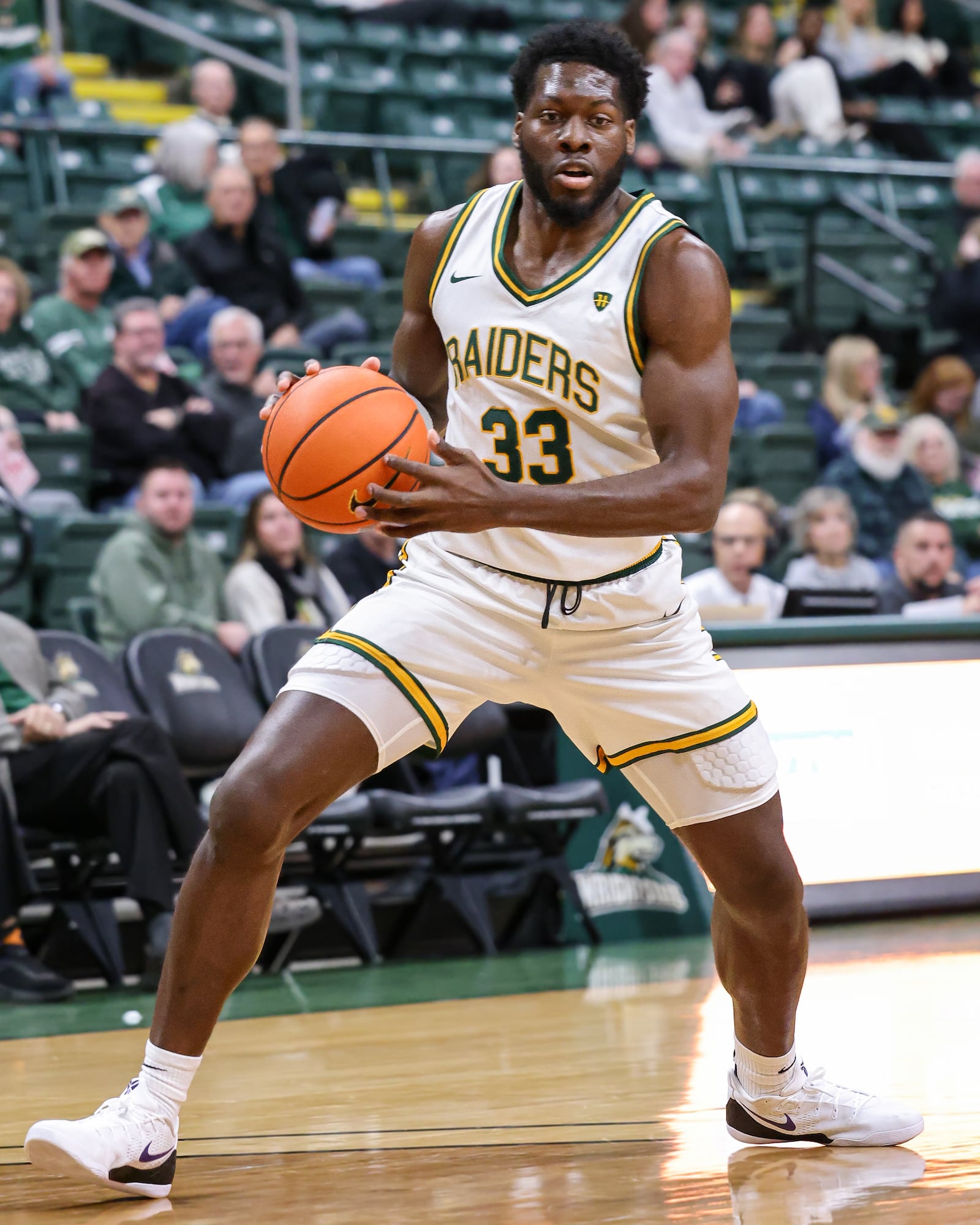 Wright State graduate forward Michael Imariagbe dribbles during an 86-37 win over Franklin College 86-37 in a season opener on Monday, Nov. 3 at Ervin J. Nutter Center in Fairborn. BRYANT BILLING/STAFF