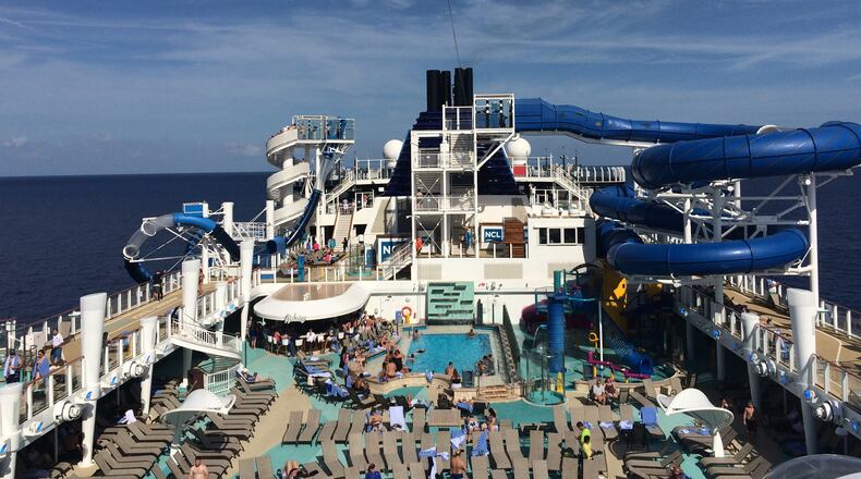 Norwegian Bliss is the new 168,028-ton, 4,004-passenger ship from Norwegian Cruise Line. Its signature features include a go-cart track and massive 180-degree observation deck. (Richard Tribou/Orlando Sentinel/TNS)