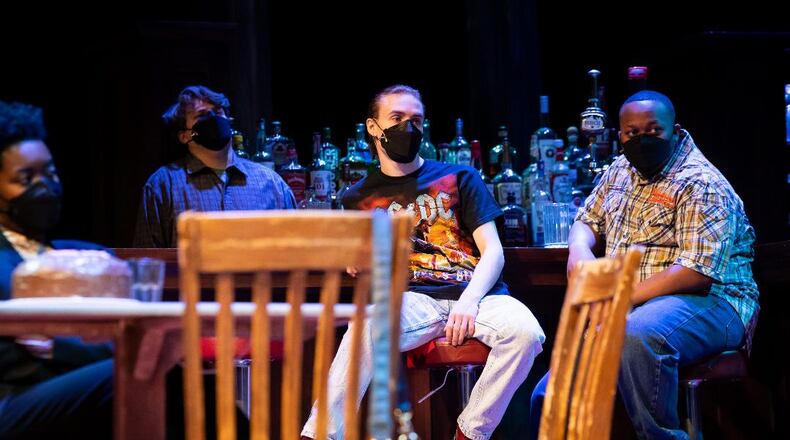 left to right: Zavi Odetta (Cynthia), Jacob Jones (Stan), Thomas Cole (Jason) and Marcus Antonio (Chris) in Wright State University's production of "Sweat." PHOTO COURTESY OF WRIGHT STATE THEATRE