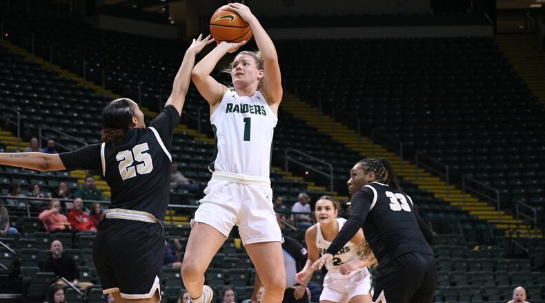 Wright State's Isabelle Bolender puts up a shot vs. Oakland at the Nutter Center on Feb. 23, 2023. Wright State Athletics photo