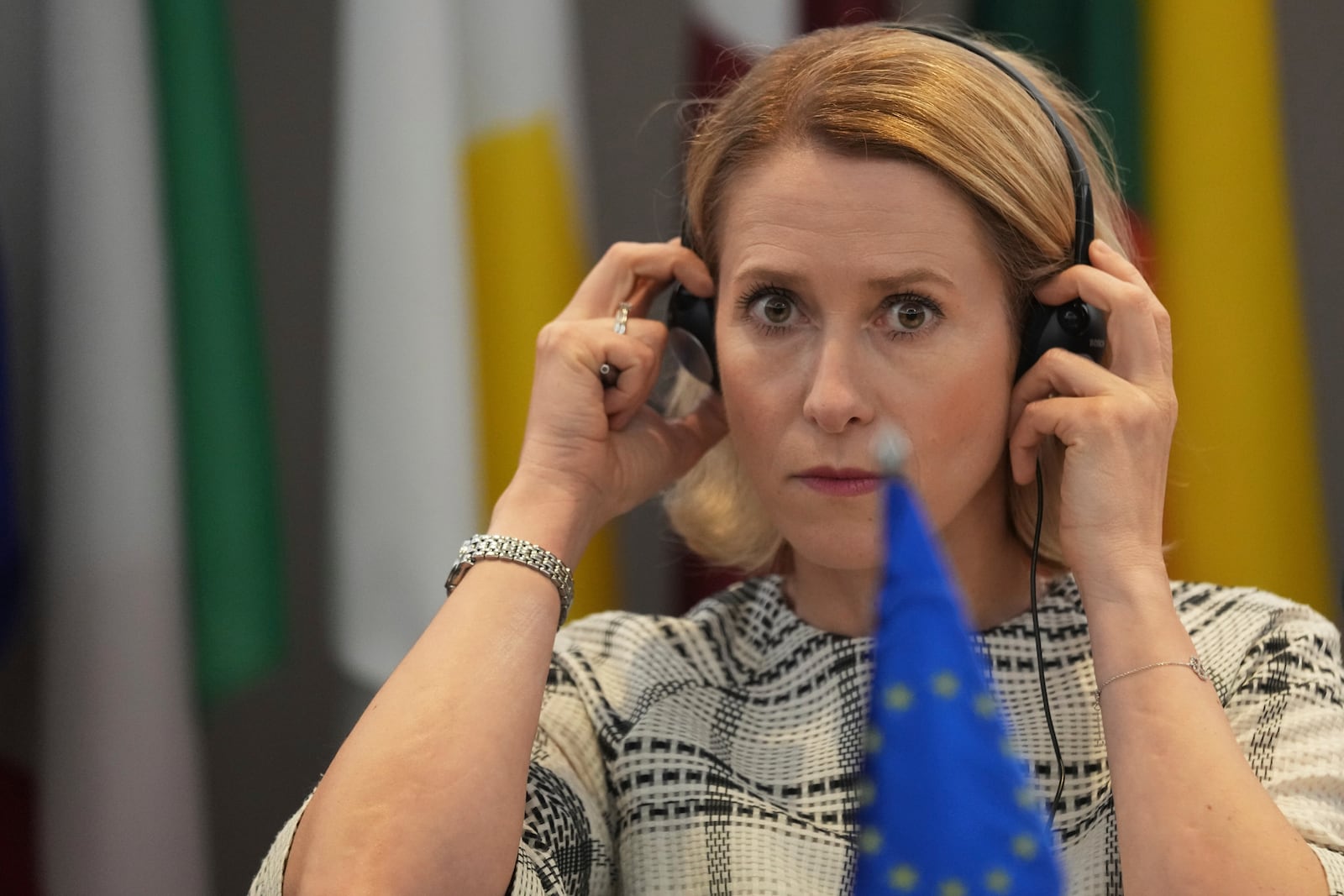 European Union foreign policy chief Kaja Kallas listens to a question during a press conference after talks with Serbia's top officials in Belgrade, Serbia, Thursday, May 22, 2025. (AP Photo/Darko Vojinovic)