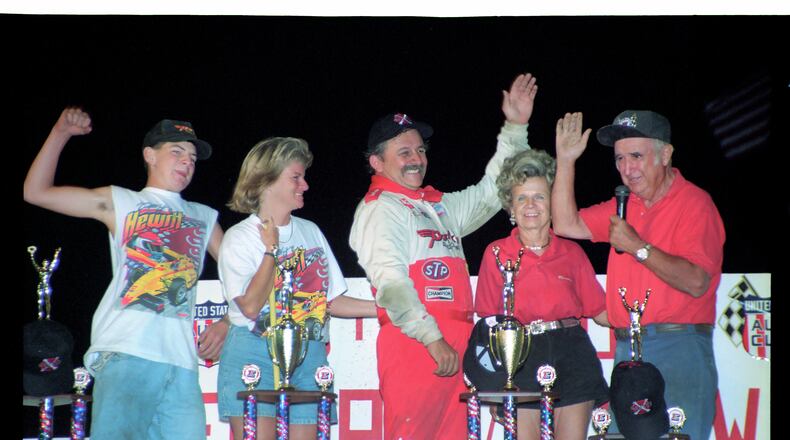 Jack Hewitt (center) won the USAC Silver Crown at Eldora Speedway in 1998. CONTRIBUTED