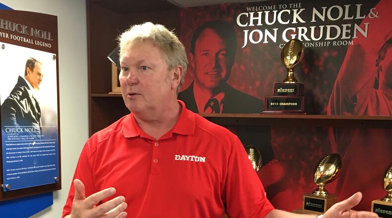 Dayton football coach Rick Chamberlin talks to reports on Thursday at UD. David Jablonski/Staff