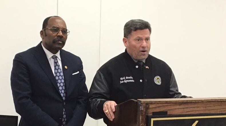 State Reps. Hearcel F. Craig, D-Columbus, and Rick Perales, R-Beavercreek, toured Wright-Patterson Air Force Base on Friday as part of a state BRAC and Military Affairs Task Force. BARRIE BARBER/STAFF