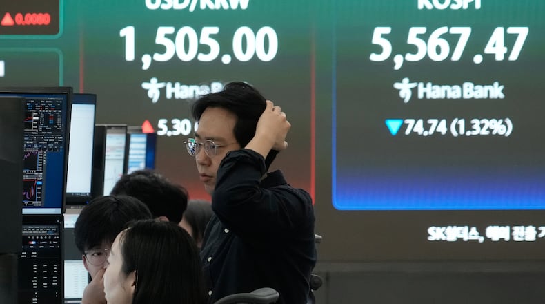 Currency traders watch monitors near a screen showing the Korea Composite Stock Price Index (KOSPI), right, and the foreign exchange rate between U.S. dollar and South Korean won at the foreign exchange dealing room of the Hana Bank headquarters in Seoul, South Korea, Thursday, March 26, 2026. (AP Photo/Ahn Young-joon)