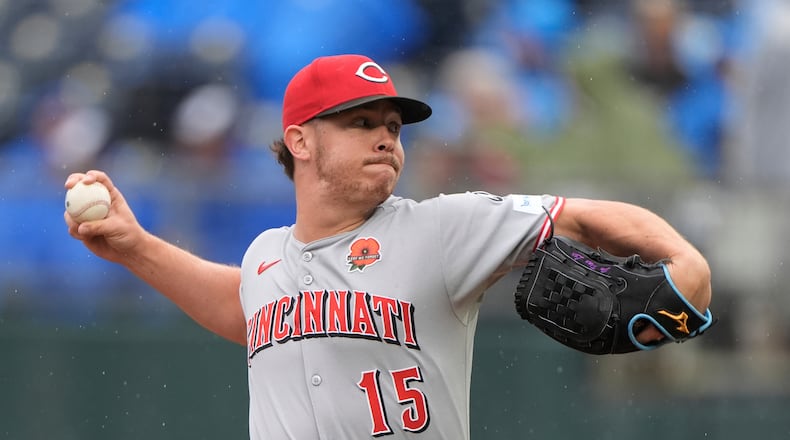 FILE - Cincinnati Reds relief pitcher Emilio Pagan throws during the ninth inning of a baseball game against the Kansas City Royals, May 26, 2025, in Kansas City, Mo. (AP Photo/Charlie Riedel, File)