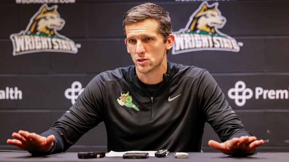 Wright State coach Clint Sargent talks to reporters after an 86-37 win over Franklin College on Monday, Nov. 3 at Ervin J. Nutter Center in Fairborn. BRYANT BILLING/STAFF