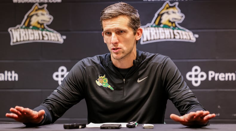 Wright State coach Clint Sargent talks to reporters after an 86-37 win over Franklin College on Monday, Nov. 3 at Ervin J. Nutter Center in Fairborn. BRYANT BILLING/STAFF