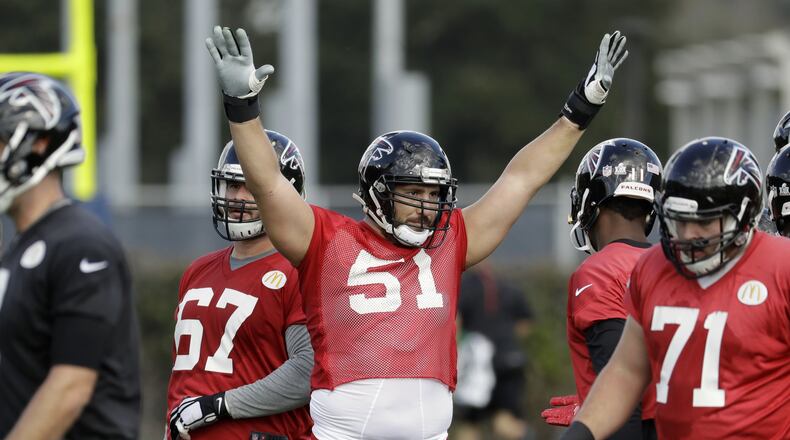Atlanta Falcons center Alex Mack is not celebrating his liberation from Cleveland in this picture, but it’s safe to say he made a good move leaving the Browns in free agency. (AP Photo/Eric Gay)