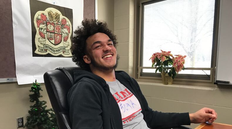 Issiah Evans at Trotwood Madison High School talking about his journey the past 17 months: starting with a fireworks injury in July of 2022, followed by a remarkable football season this past fall and now a trip to New York City to be fitted with a state of the art robotic arm provided by Open Bionics. Tom Archdeacon/ CONTRIBUTED