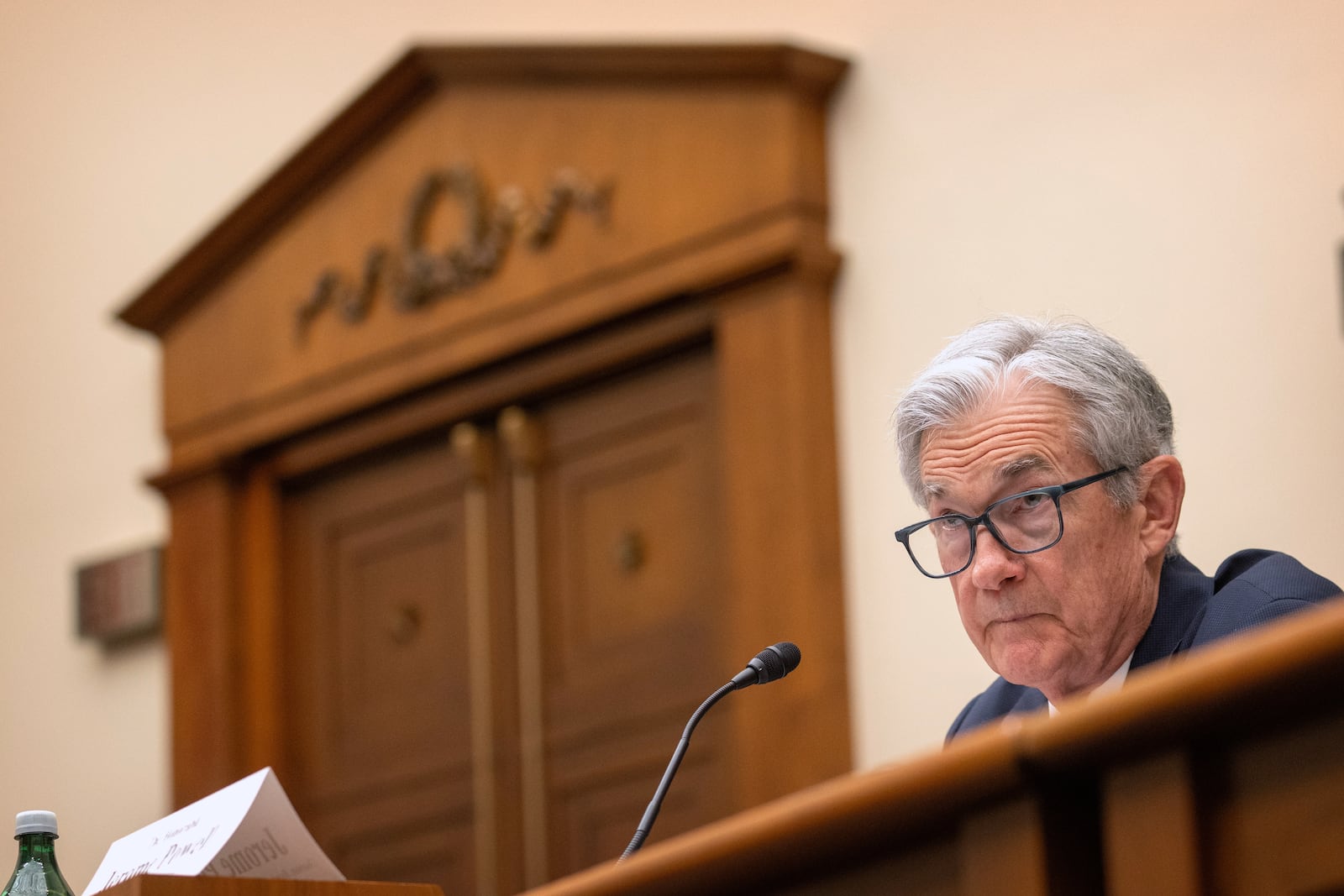 Federal Reserve Board Chairman Jerome Powell listens during a hearing of the House Committee on Financial Services on Capitol Hill, Tuesday, June 24, 2025, in Washington. (AP Photo/Mark Schiefelbein)