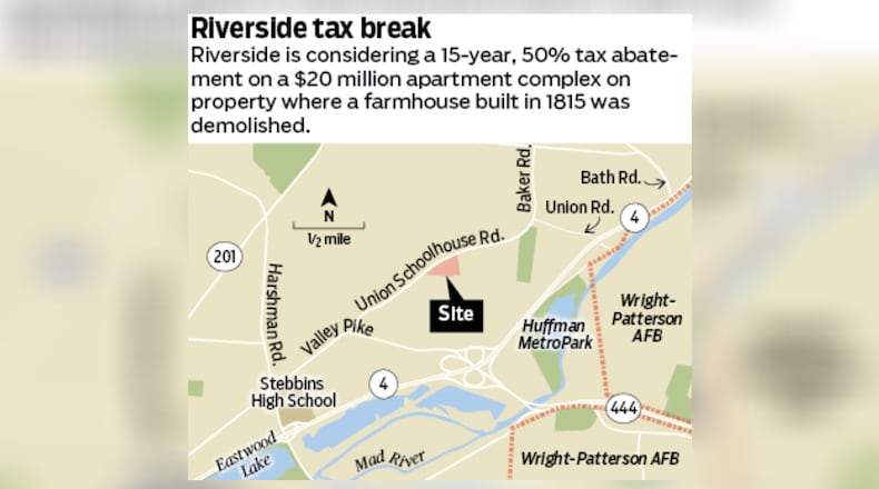 Riverside is considering a plan to give a 15-year tax break on a $20 million apartment complex that will replace a farmhouse built in 1815 at 7455 Union Schoolhouse Road. STAFF