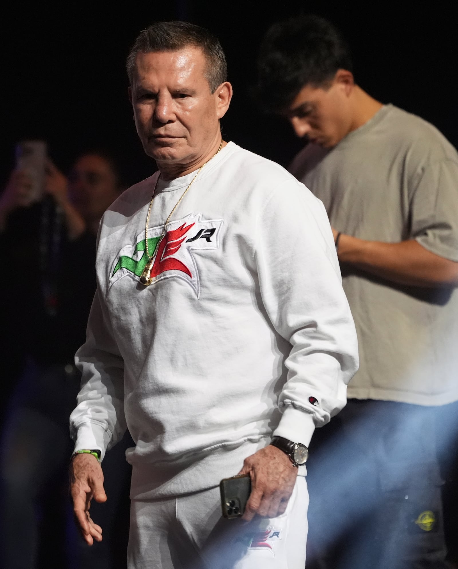 Julio Cesar Chavez looks on during a ceremonial weigh-in for his son Julio Cesar Chavez Jr. and Jake Paul ahead of their cruiserweight boxing match, Friday, June 27, 2025, in Anaheim, Calif. (AP Photo/Chris Pizzello)