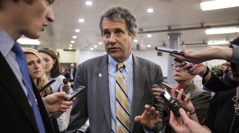 Sen. Sherrod Brown (D-Ohio) speaks to reporters, on Capitol Hill in Washington, Feb. 1, 2017. Senate Republicans were able to push some of President Donald Trump’s most controversial Cabinet nominees forward on Wednesday, a sign of the struggle ahead for Democrats in slowing the GOP agenda. (Al Drago/The New York Times)
