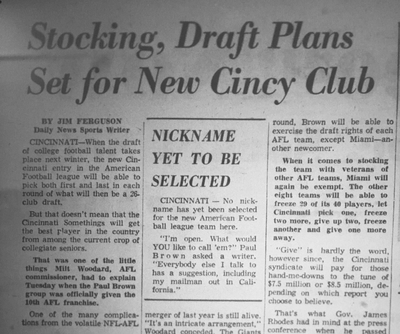 Cincinnati got a new pro football team 50 years ago this week.