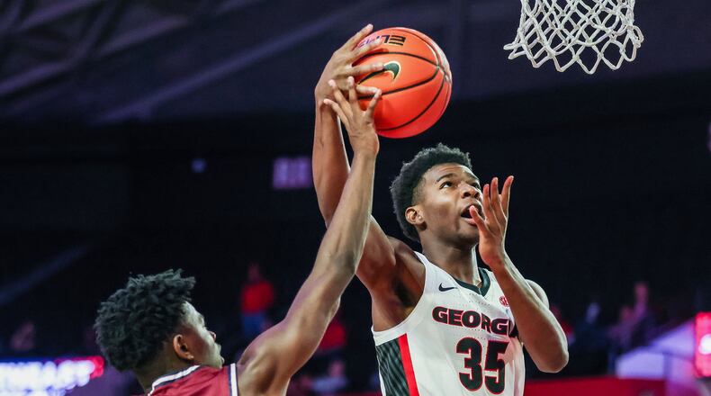 Georgia basketball player Tyrone Baker (35) during a game against South Carolina State in Stegeman Coliseum in Athens, Ga., on Tuesday, Nov. 16, 2021. (Photo by Mackenzie Miles)