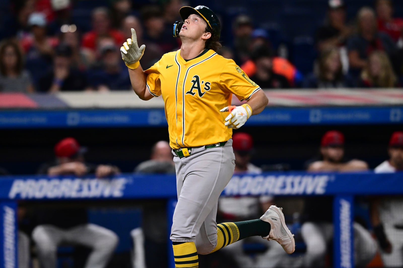 Athletics' Nick Kurtz runs the bases after hitting solo home run off Cleveland Guardians relief pitcher Kolby Allard during the ninth inning of a baseball game, Saturday, July 19, 2025, in Cleveland. (AP Photo/David Dermer)