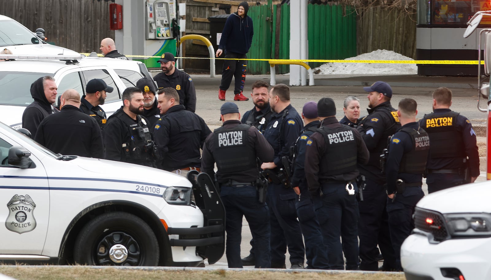 A stolen vehicle crashed at the intersection of Germantown Pike and Gettysburg Avenue Wednesday, Feb 5, 2025 in Dayton after hitting an officer and leading police on a chase. MARSHALL GORBY\STAFF