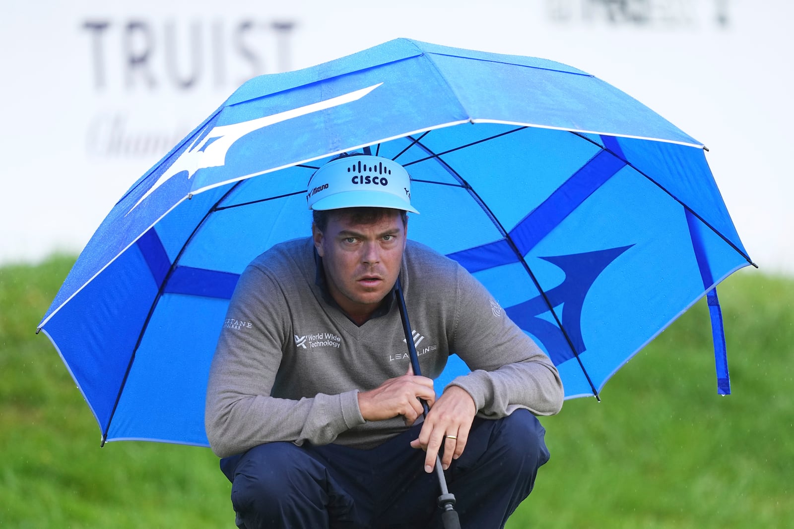 Keith Mitchell waits on the 17th hole during the second round of the Truist Championship golf tournament at the Philadelphia Cricket Club, Friday, May 9, 2025, in Flourtown. (AP Photo/Matt Rourke)