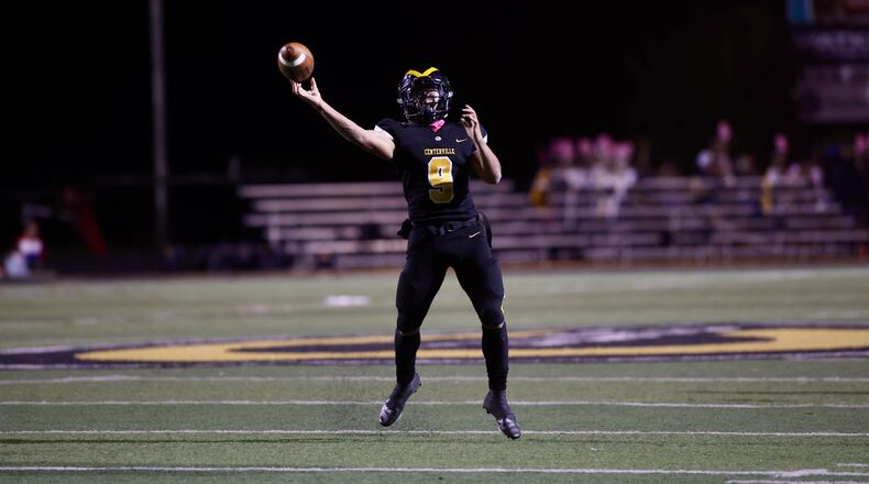 Centerville's Braylon Newcomb throws a pass against Springfield on Friday, Oct. 7, 2022, at Centerville Stadium. David Jablonski/Staff