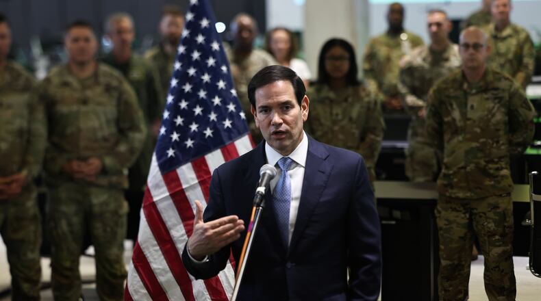 US Secretary of State Marco Rubio speaks to the media after visiting the Civil-Military Coordination Center in Southern Israel, Friday, Oct. 24, 2025. (Fadel Senna/Pool Photo via AP)