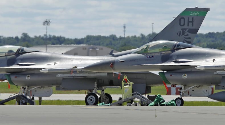 In this file photo, an F-16 Fighting Falcon with the Ohio Air National Guard stands on a tarmac at Wright-Patterson Air Force Base during the jet’s temporary relocation from its home base in Toledo. TY GREENLEES / STAFF FILE PHOTO