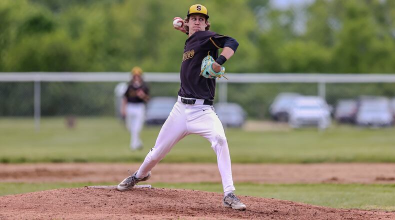 Shawnee High School senior Joey Ross delivers a pitch to the plate during their Division IV tournament game against Bethel on Wednesday, May 21 at Frosty Brown Field. The Braves won 4-1. MICHAEL COOPER / STAFF