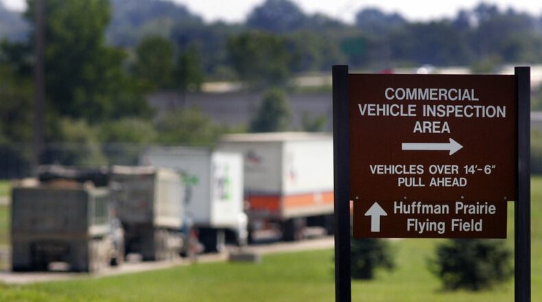 Wright-Patterson Air Force Base Gate 16A, a commercial truck screening checkpoint, will be consolidated with a new Gate 26A in 2019 in a $10.5 million construction project. JIM WITMER | 2011 STAFF FILE PHOTO