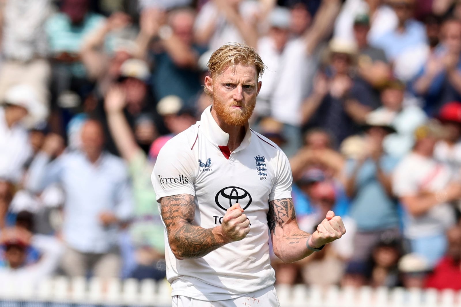 England's captain Ben Stokes celebrates the dismissal of India's Jasprit Bumrah during the fifth day of the third cricket test match between England and India at Lord's cricket ground in London, Monday, July 14, 2025. (AP Photo/Richard Pelham)