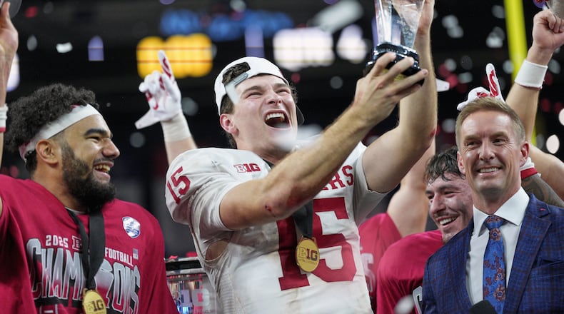 Indiana's Fernando Mendoza celebrates after the Big Ten championship NCAA college football game against Ohio State in Indianapolis, Saturday, Dec. 6, 2025. (AP Photo/AJ Mast)