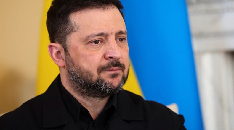 Ukrainian President Volodymyr Zelenskyy reacts during a meeting with British Prime Minister Keir Starmer at 10 Downing Street in London, Tuesday, March 17, 2026.(Suzanne Plunkett, Pool Photo via AP)