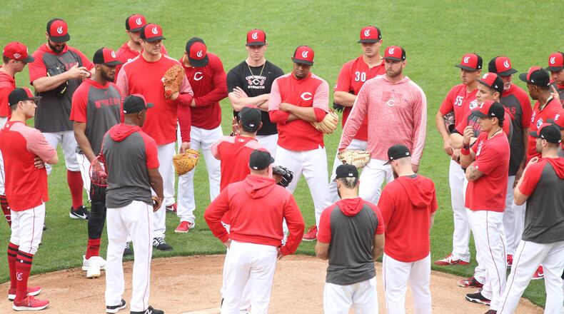 The Reds gather for a pregame meeting on April 25, 2019, at Great American Ball Park in Cincinnati.