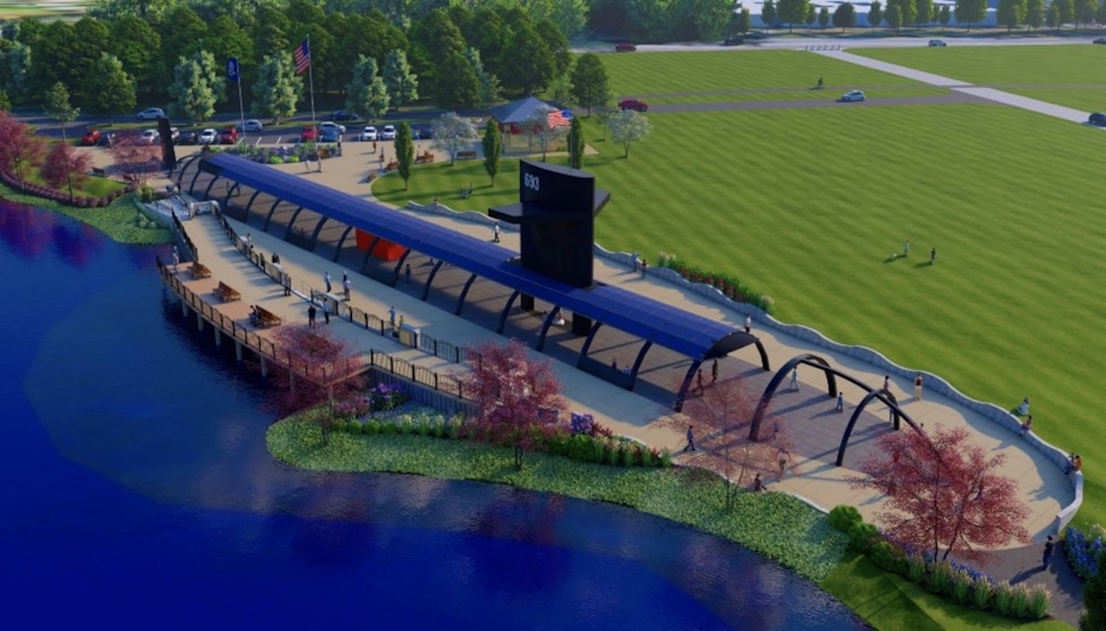 Decades-long anticipated work to build the final resting place of nuclear attack submarine USS Cincinnati has begun in Butler County’s West Chester Twp. as fund-raising continues for the unique $9.5 million Cold War memorial. Construction earth movers are clearing the site next to a pond at the Voice of America Metro Park, which is about a football-field length from the National Voice of America Museum of Broadcasting (VOA). (Provided)