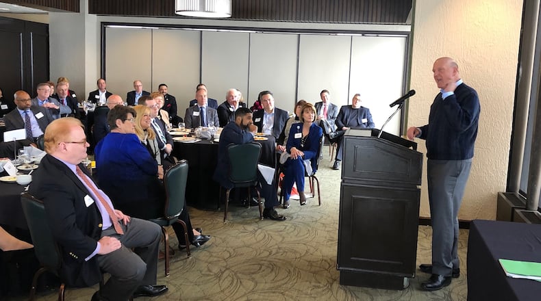 Ex-Microsoft CEO Steve Ballmer talks to dozens of Dayton and statewide leaders about collaborating on cradle-to-career education efforts. JEREMY P. KELLEY / STAFF