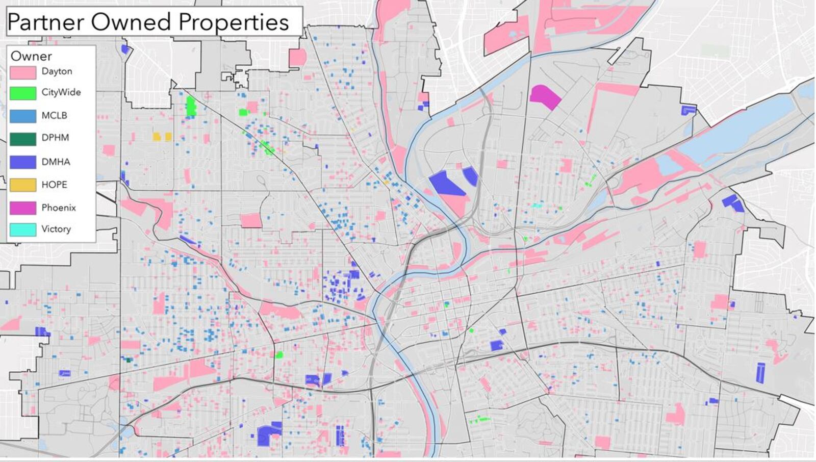 A map of properties owned by the city of Dayton and its "partners," like CityWide, Greater Dayton Premier Management, and others. CONTRIBUTED