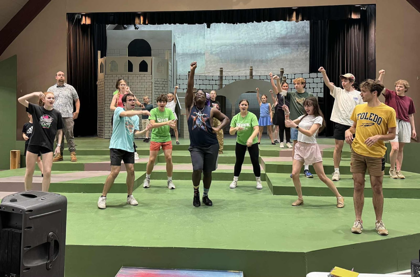 Matthew Fergus (center as King Harold/Big Bad Wolf) and the cast of Epiphany Lutheran Church's production of "Shrek: The Musical" in rehearsal. Contributed photo