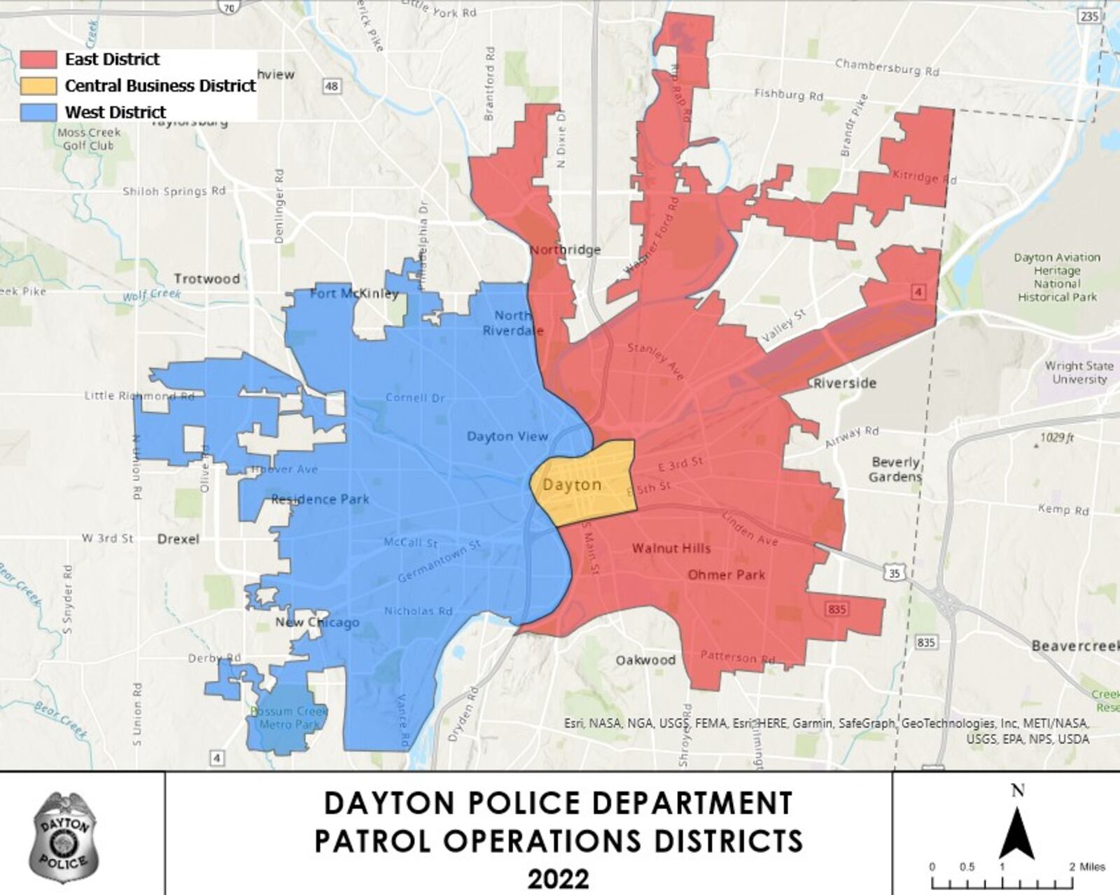 The Dayton Police Department has three patrol operations districts. They are the Central Business District, the East District and the West District. CONTRIBUTED