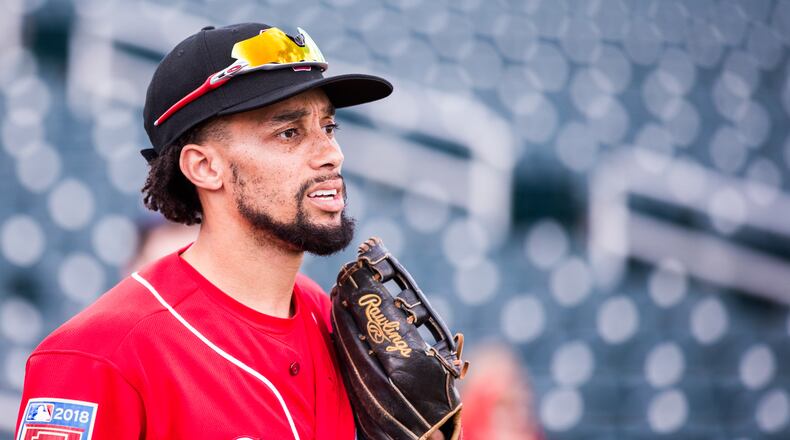 GOODYEAR, AZ - FEBRUARY 23: Billy Hamilton of the Cincinnati Reds looks on before a game against the Cleveland Indians during a Spring Training Game at Goodyear Ballpark on February 23, 2018 in Goodyear, Arizona. (Photo by Rob Tringali/Getty Images)