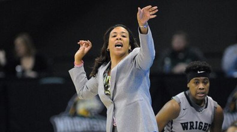 Wright State women’s basketball coach Katrina Merriweather during a game last season. Tim Zechar/Contributed photo