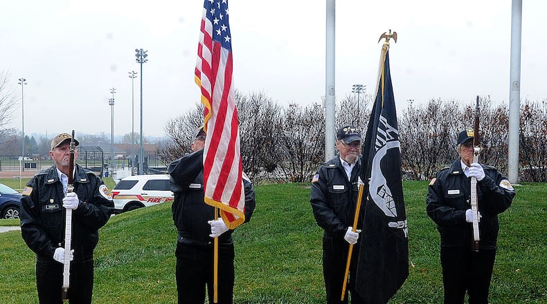 The Kettering VFW posted the colors Friday Nov. 11, 2022 for the Kettering Veterans Day Ceremony held at Veterans Plaza at Delco Park. MARSHALL GORBY\STAFF