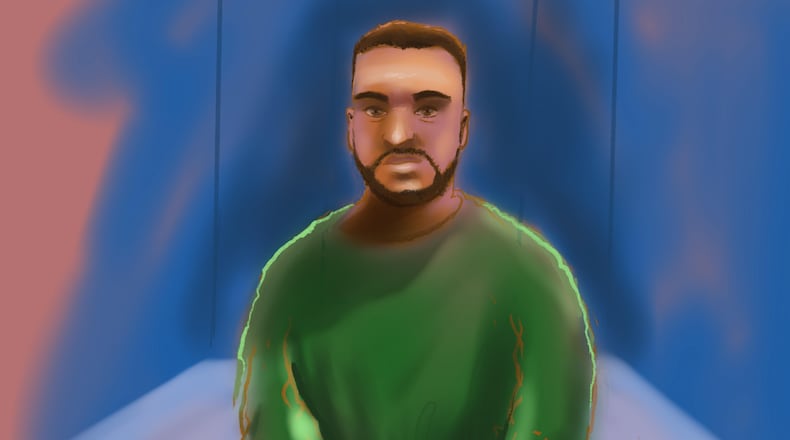 A court sketch depicts accused Bondi shooter Naveed Akram appearing via video link from Goulburn Supermax prison, at Downing Centre Local Court in Sydney, Monday, Feb. 16, 2026. (Rocco Fazzari/AAP Image via AP)