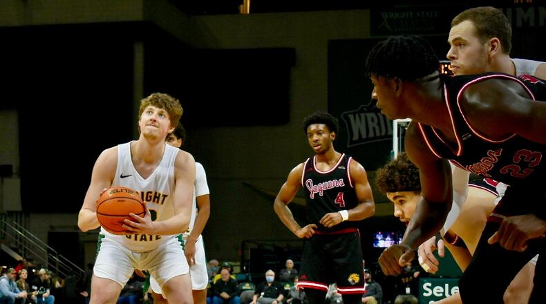 Wright State freshman A.J. Braun shoots a free throw against IUPUI at the Nutter Center on Jan. 8, 2022. Jessica Roberts/Wright State Athletics