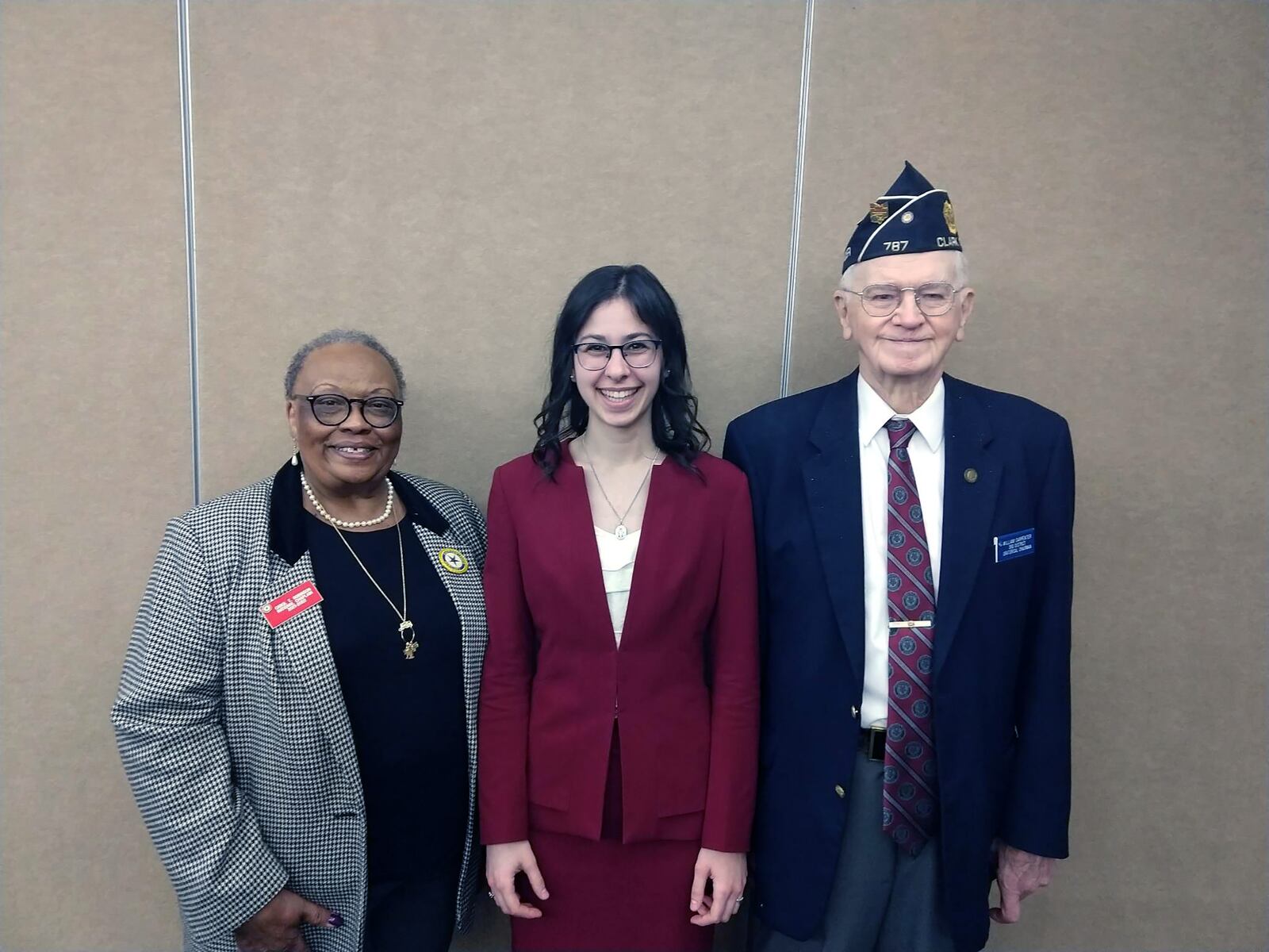 Schutte representing American Legion Post 776 in their oratory competition in 2020. L-R Carol T. Robison, Emily Schutte, Bill Carpenter