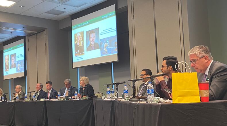 Wright State President Sue Edwards, center, presents at the Wright State Board of Trustees meeting on Friday, April 29. EILEEN McCLORY / STAFF