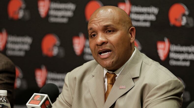 Cleveland Browns head coach Hue Jackson answers questions during a news conference, Wednesday, Jan. 13, 2016, in Berea, Ohio. Jackson has experience as a head coach, knows the AFC North and has fixed quarterbacks. Jackson, who waited four years for his second crack at leading an NFL team, has been hired as Cleveland's next coach, the struggling franchise's eighth since 1999 and sixth since 2008. (AP Photo/Tony Dejak)